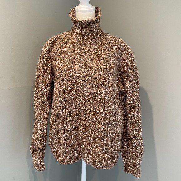 Vintage Pullover Chunky Hand Knitted Women’s Sweater Cowl/Turtleneck Brown/Tan - Picture 2 of 14